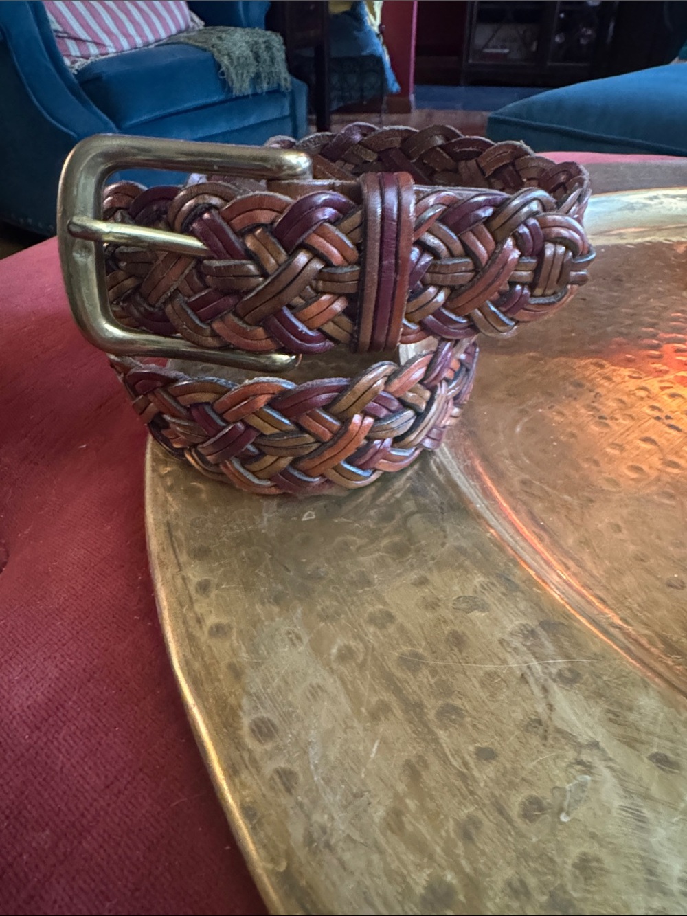 Lands' End Braided Leather Belt in Brown and Tan with Brass Buckle